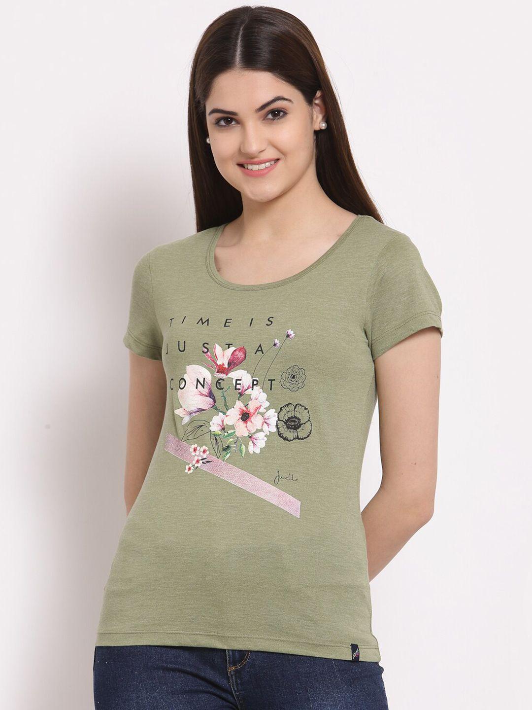 juelle women olive green floral printed round neck pure cotton t-shirt