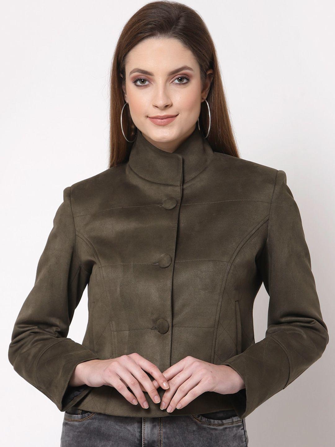 juelle women olive solid stand collar pea coat