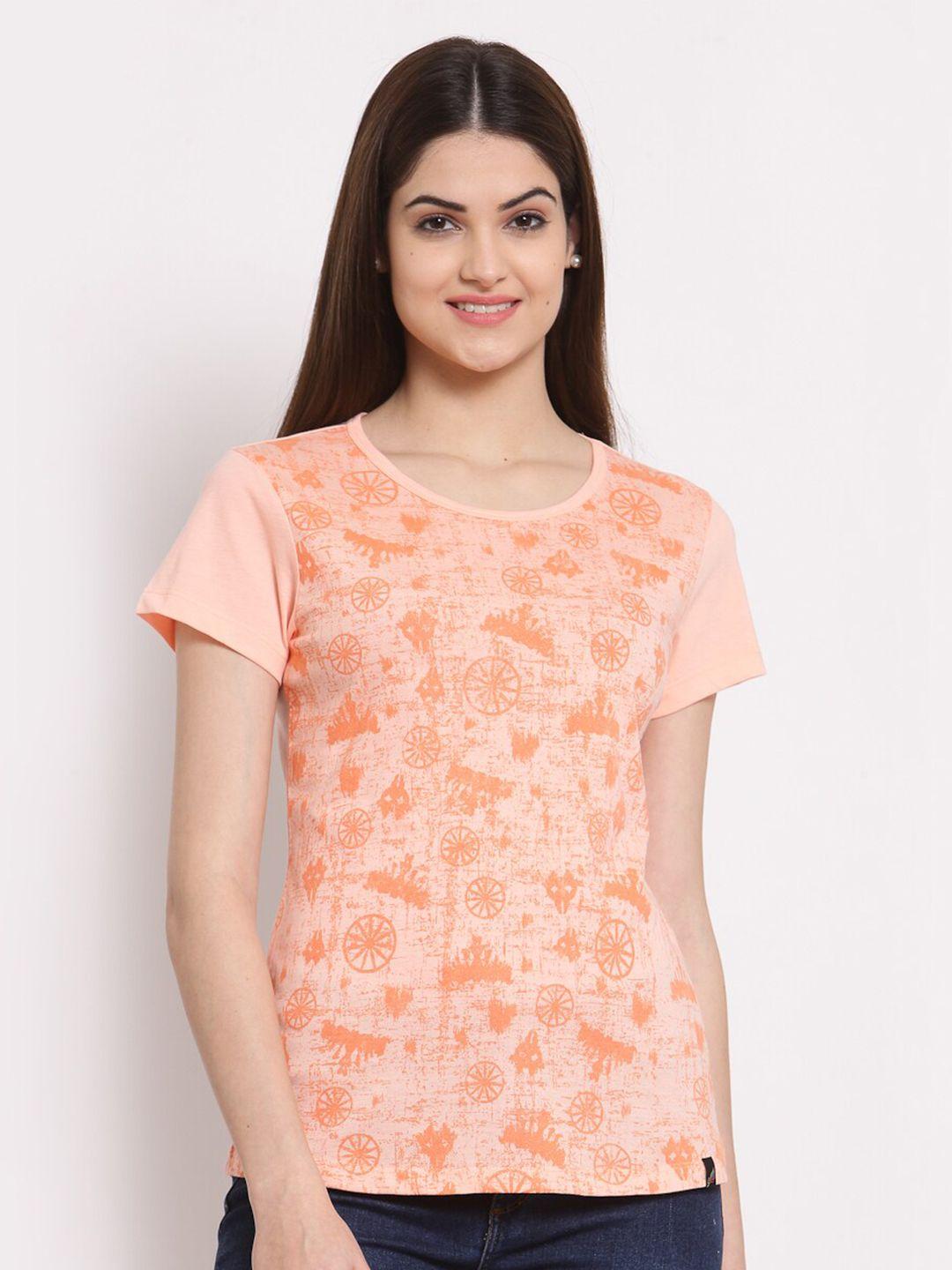 juelle women orange printed round neck pure cotton t-shirt