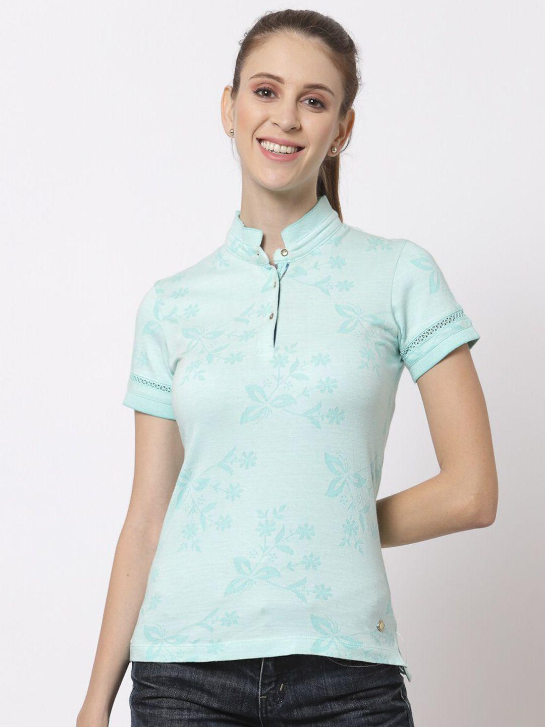 juelle women sea green floral printed mandarin collar cotton slim fit t-shirt