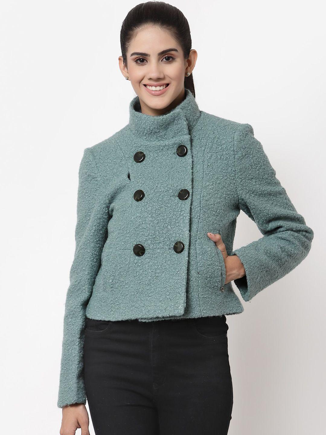 juelle women turquoise blue solid double breasted crop peacoat