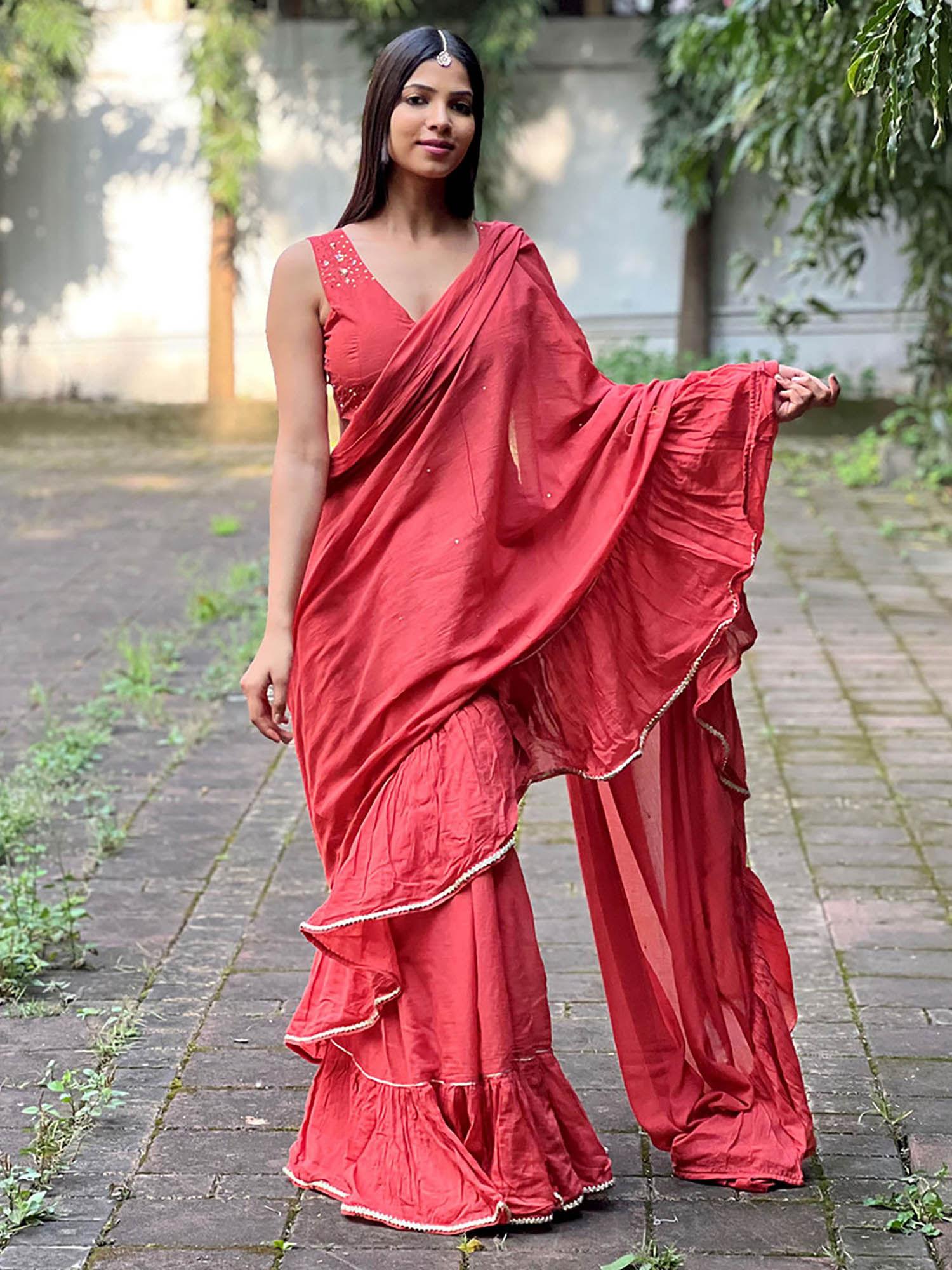 jugnu iris red mulmul cotton saree with stitched blouse