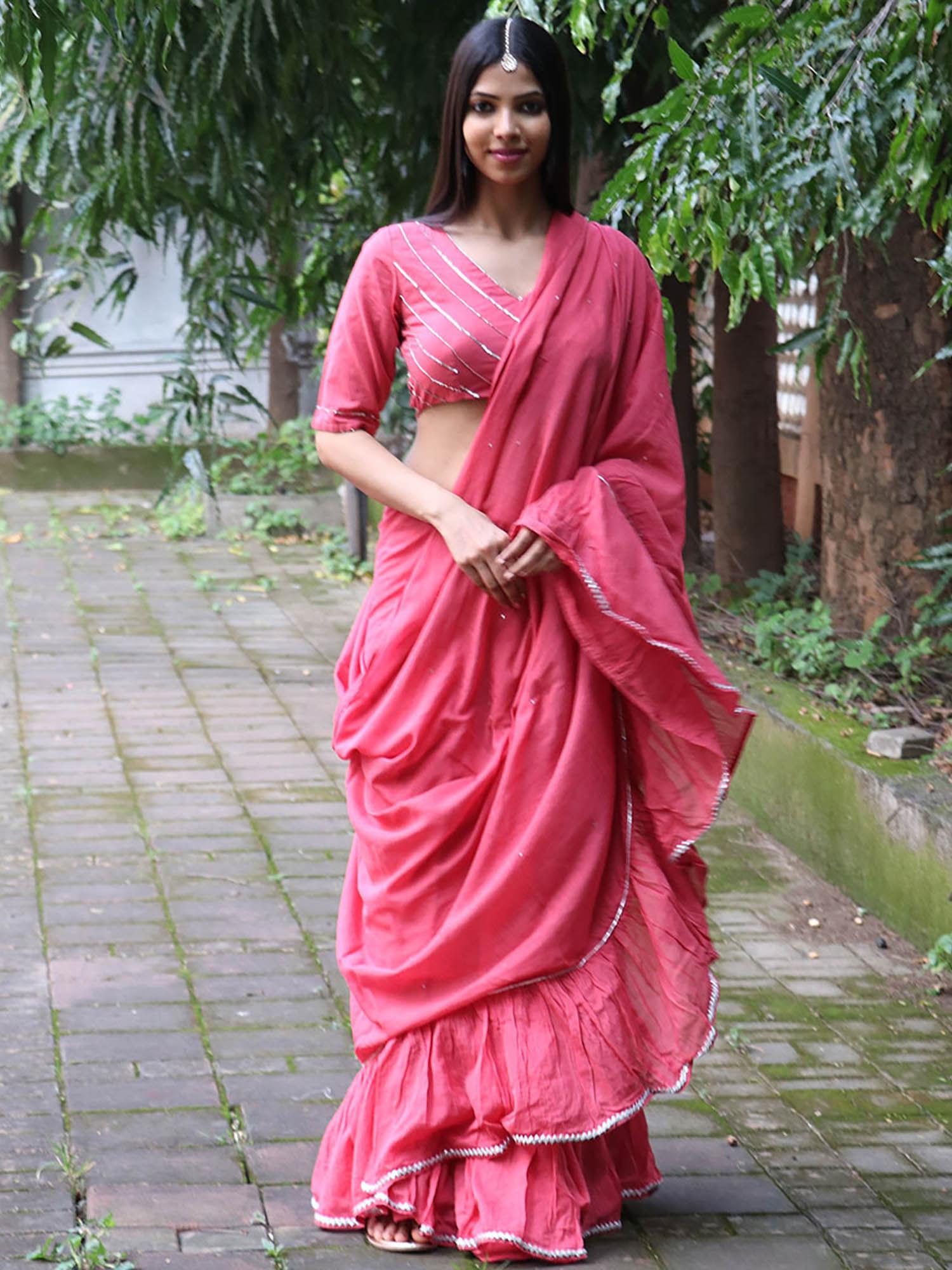 jugnu lumina pink mulmul cotton saree with stitched blouse