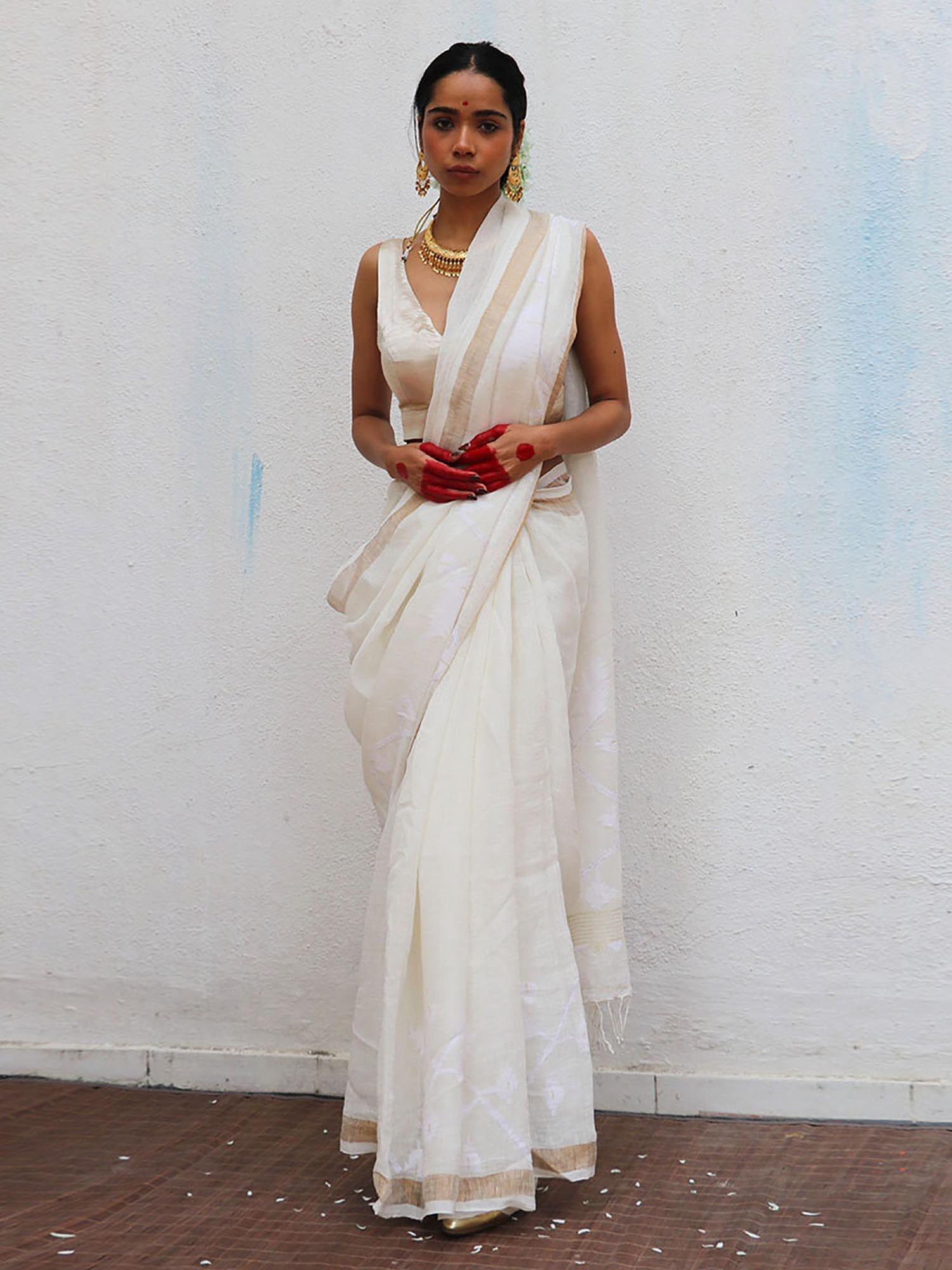 juhi mogra celeste jamdani handwoven linen saree with unstitched blouse