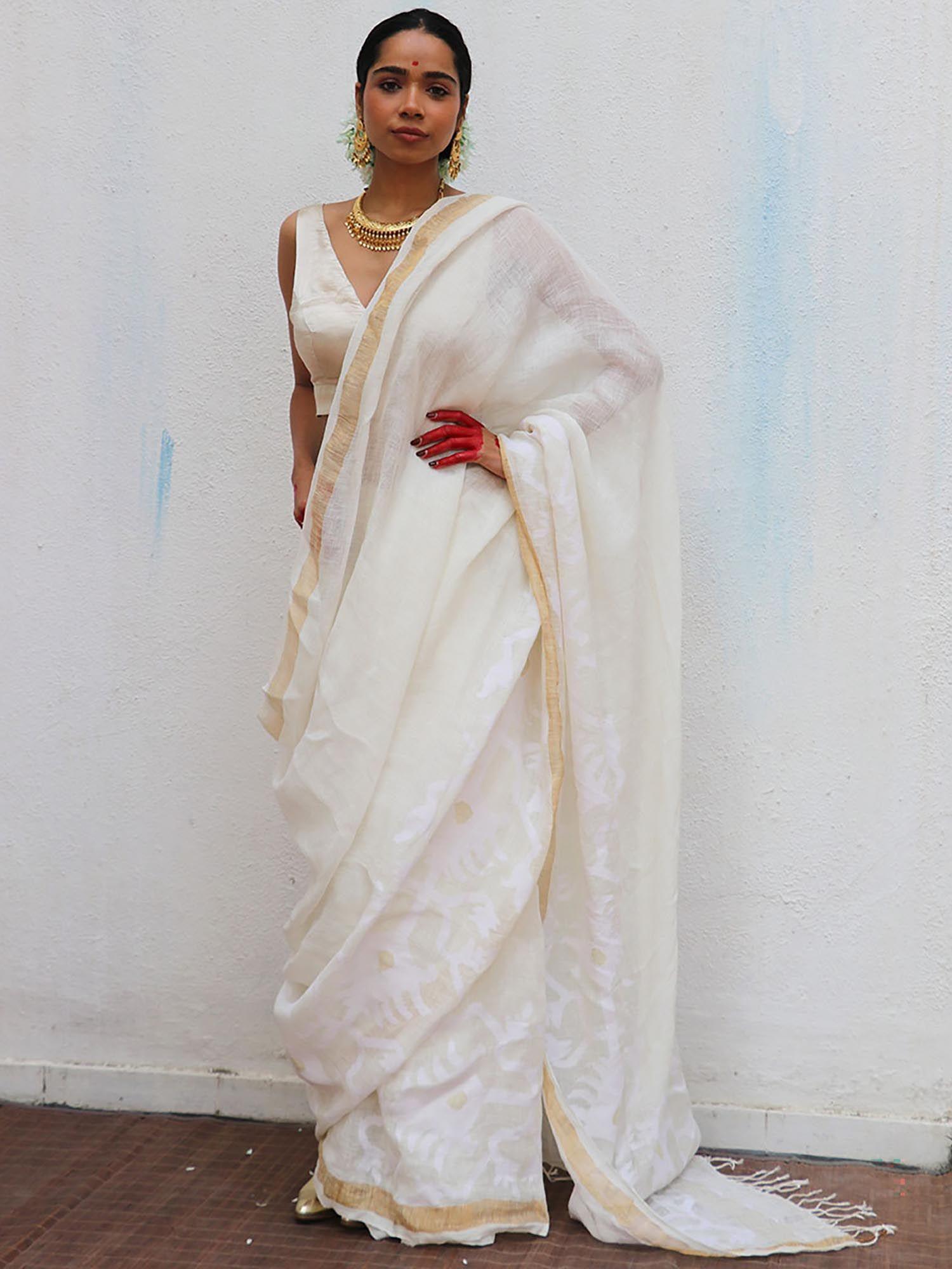 juhi mogra honey dew jamdani handwoven linen saree with unstitched blouse