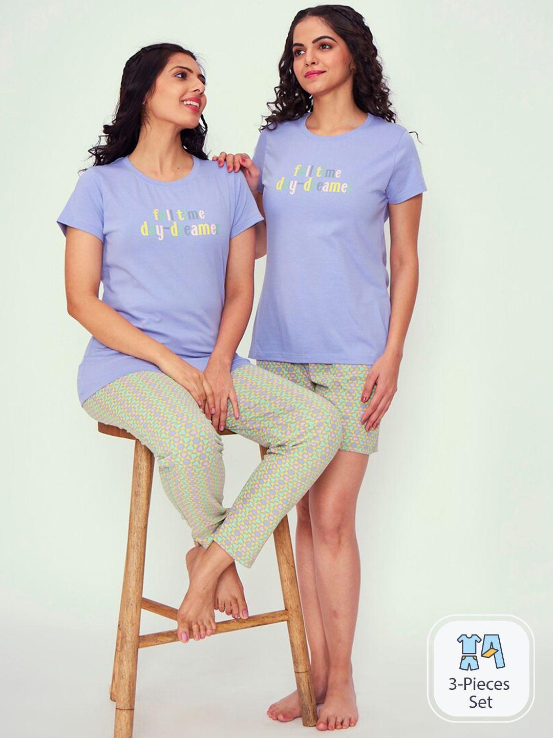 july typographic printed t-shirt with pyjamas & shorts night suit