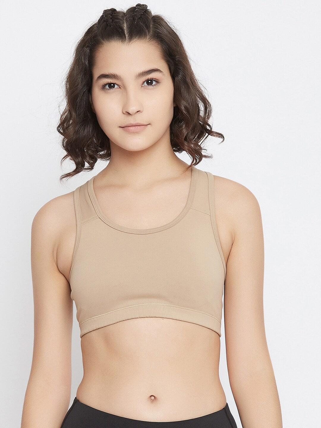 jump usa beige solid non-wired non padded workout bra