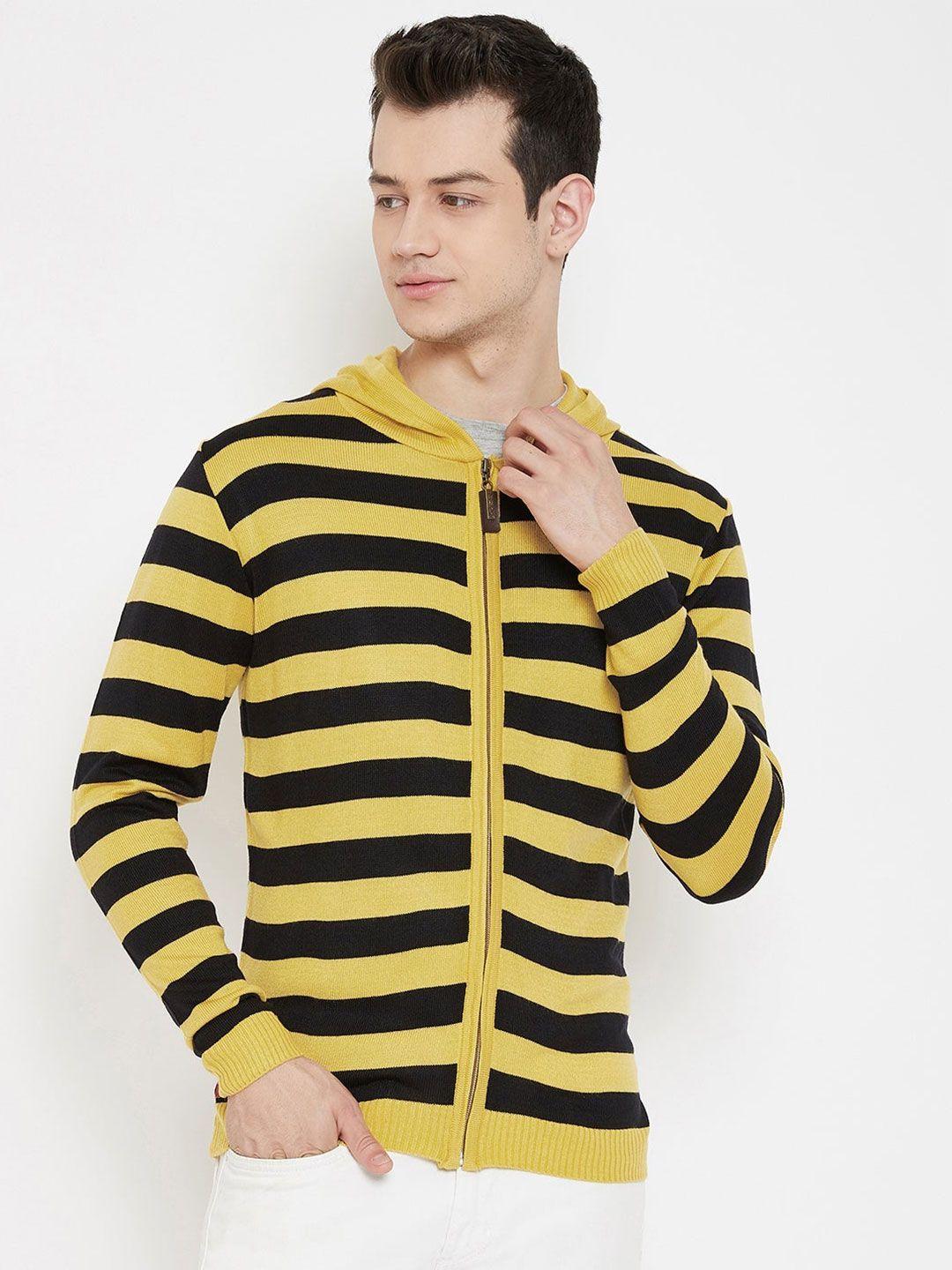 jump usa men beige & black striped hooded acrylic cardigan