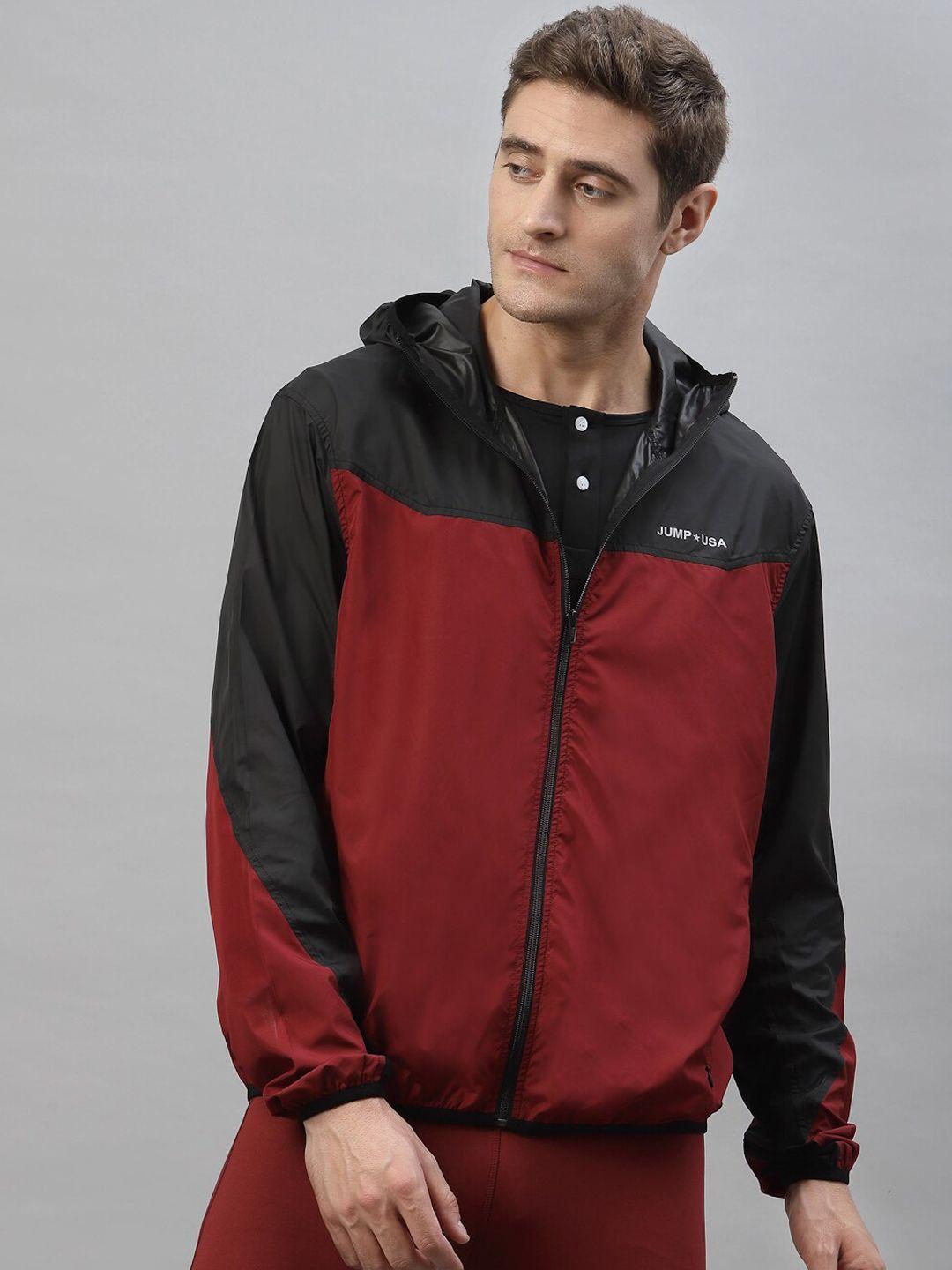 jump usa men red colourblocked water resistant crop sporty jacket with patchwork