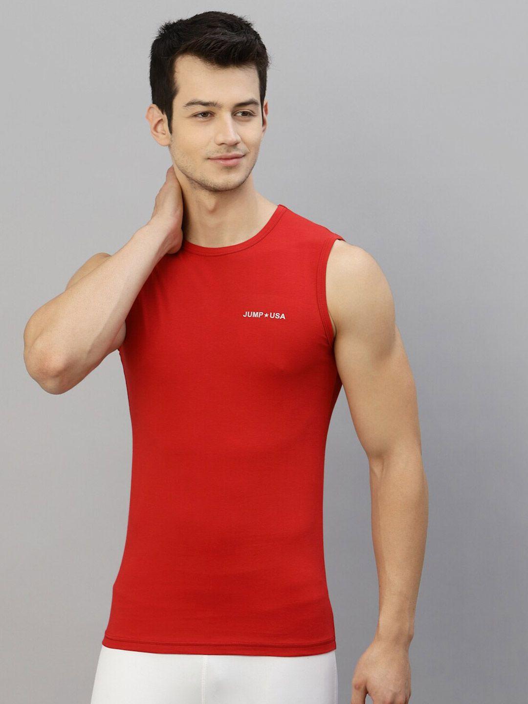 jump usa men red solid pure cotton tank t-shirt