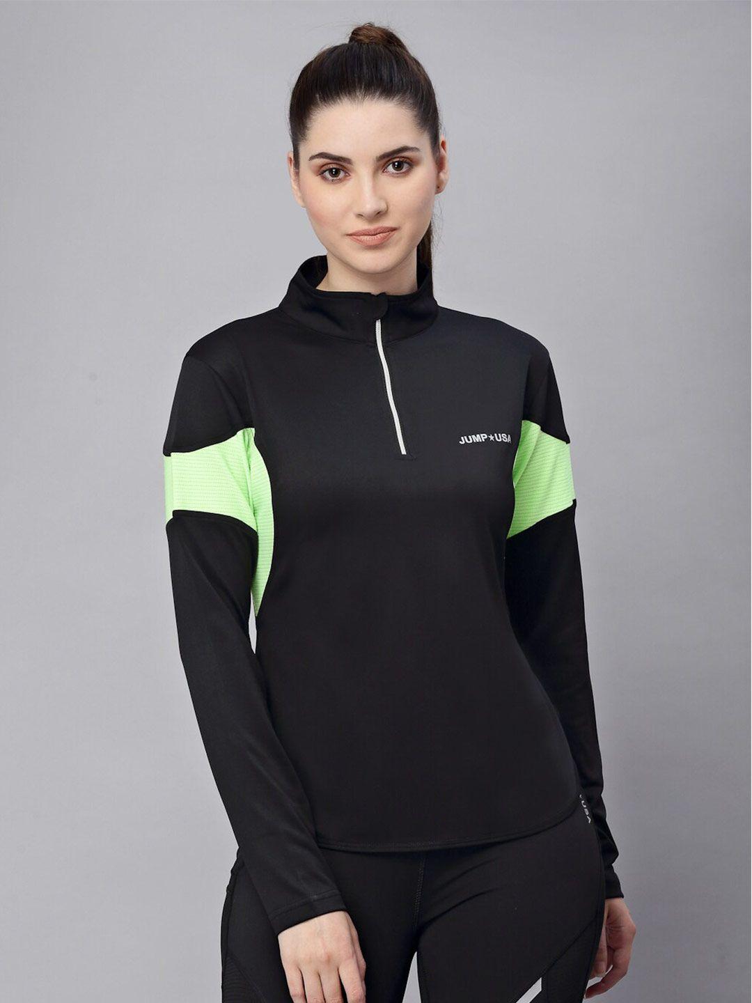 jump usa women black & fluorescent green high neck rapid-dry t-shirt