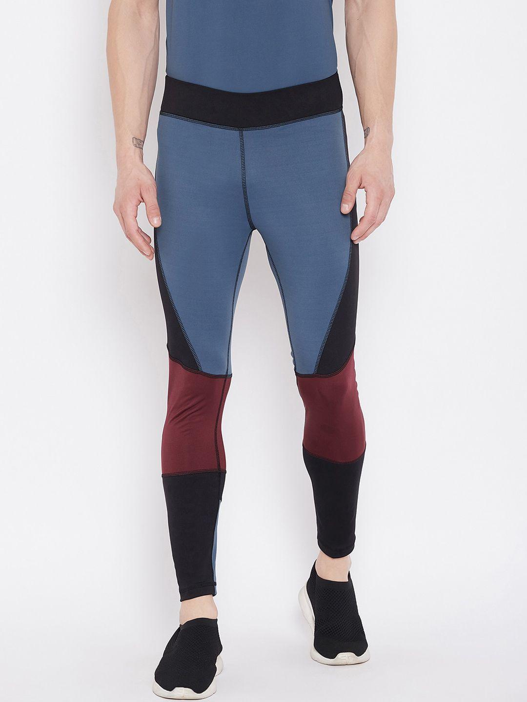 jump usa men blue & maroon colourblocked active wear tights