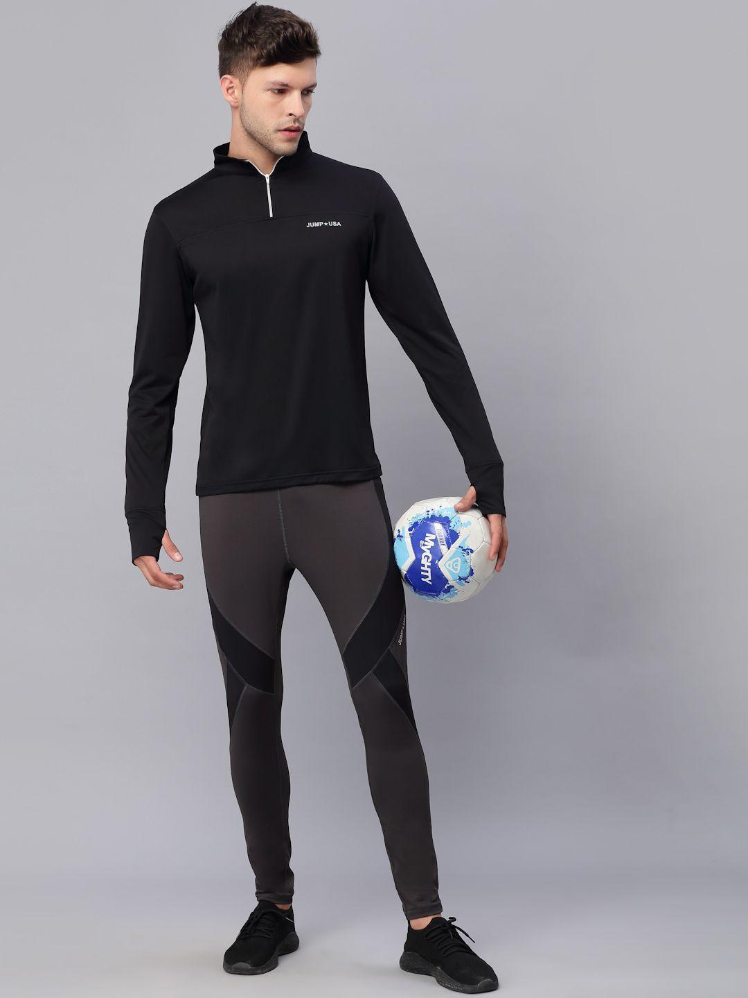 jump usa men charcoal & black dry-fit antimicrobial running tights
