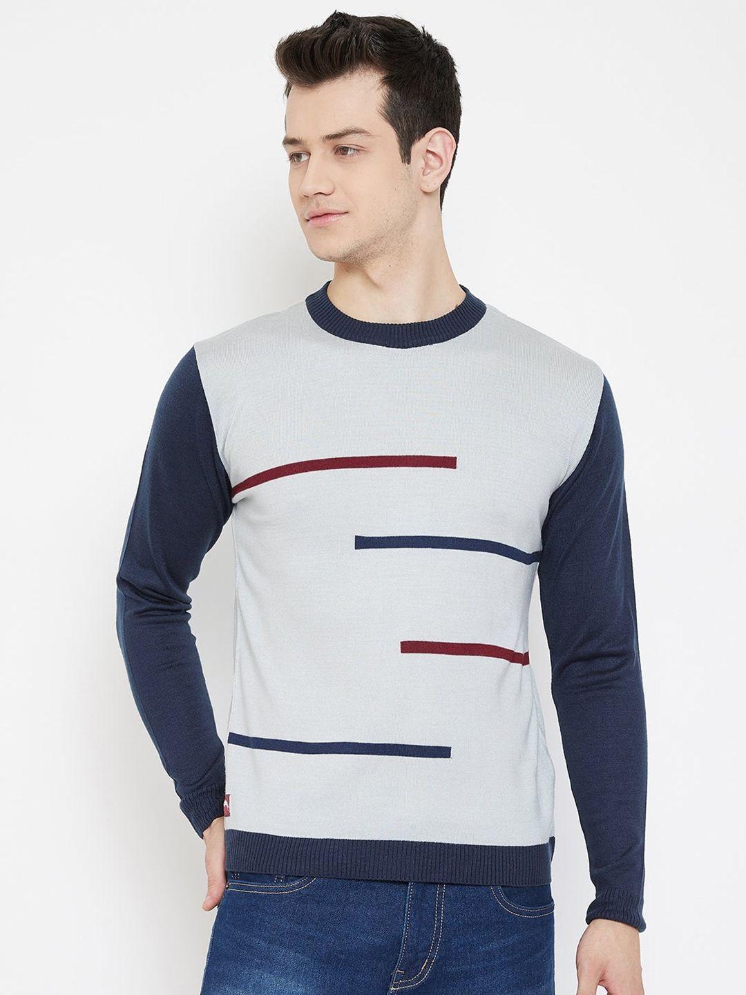 jump usa men grey & navy blue colourblocked striped pullover