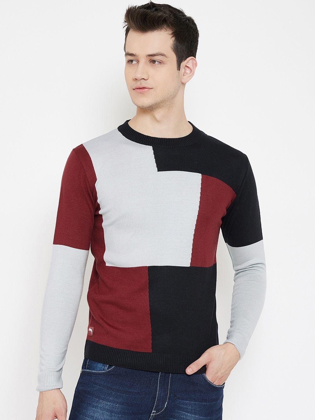 jump usa men grey melange & maroon colourblocked acrylic pullover sweater