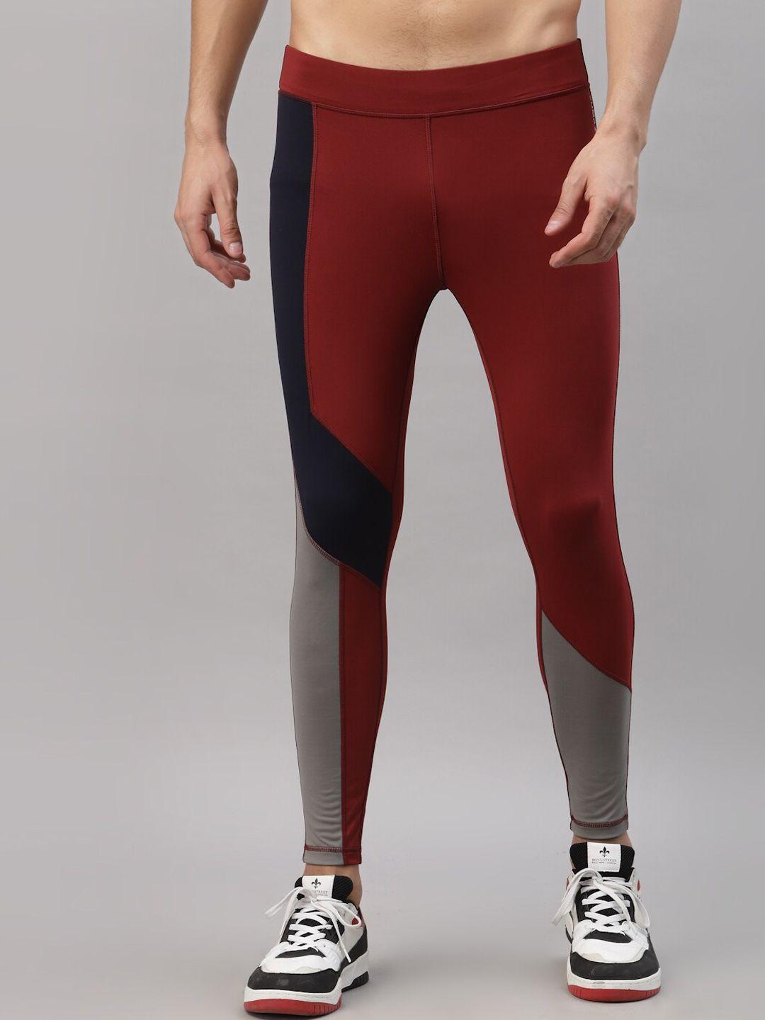 jump usa men maroon & navy blue colourblocked rapid-dry tights