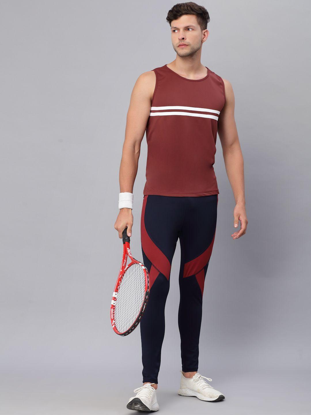 jump usa men navy blue & maroon rapid dry-fit antimicrobial running tights