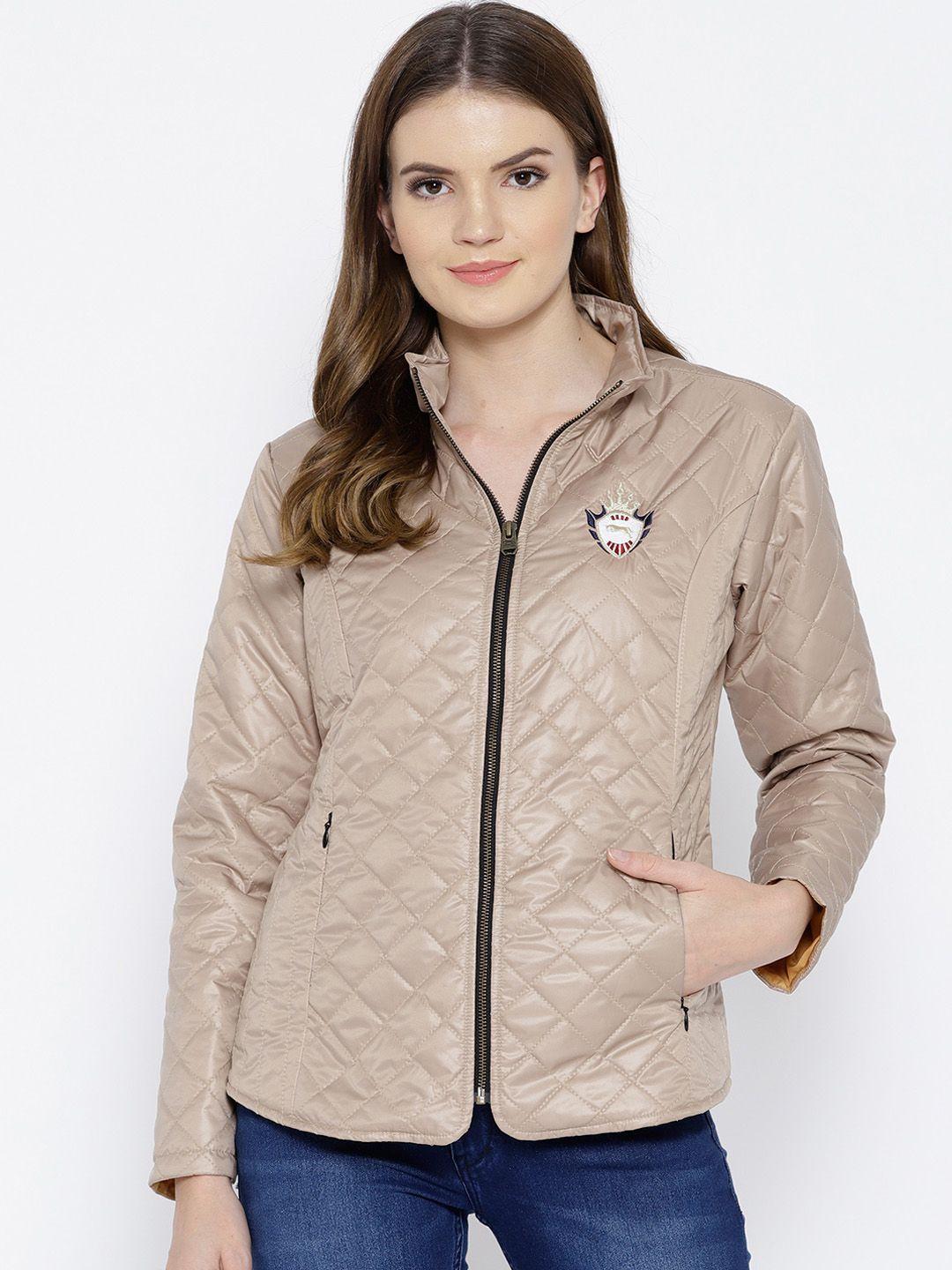 jump usa women beige self design lightweight padded jacket