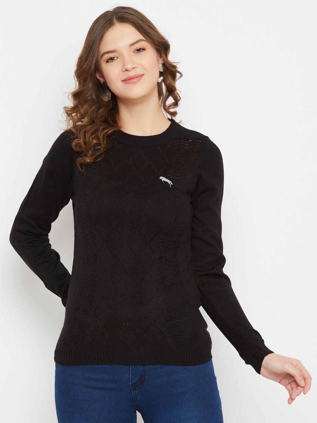 jump usa women black self design acrylic pullover sweater