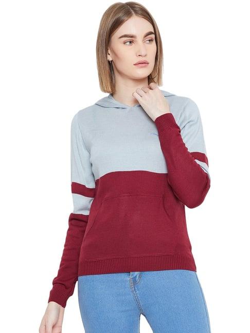 jump usa women blue & red colourblocked hooded sweater