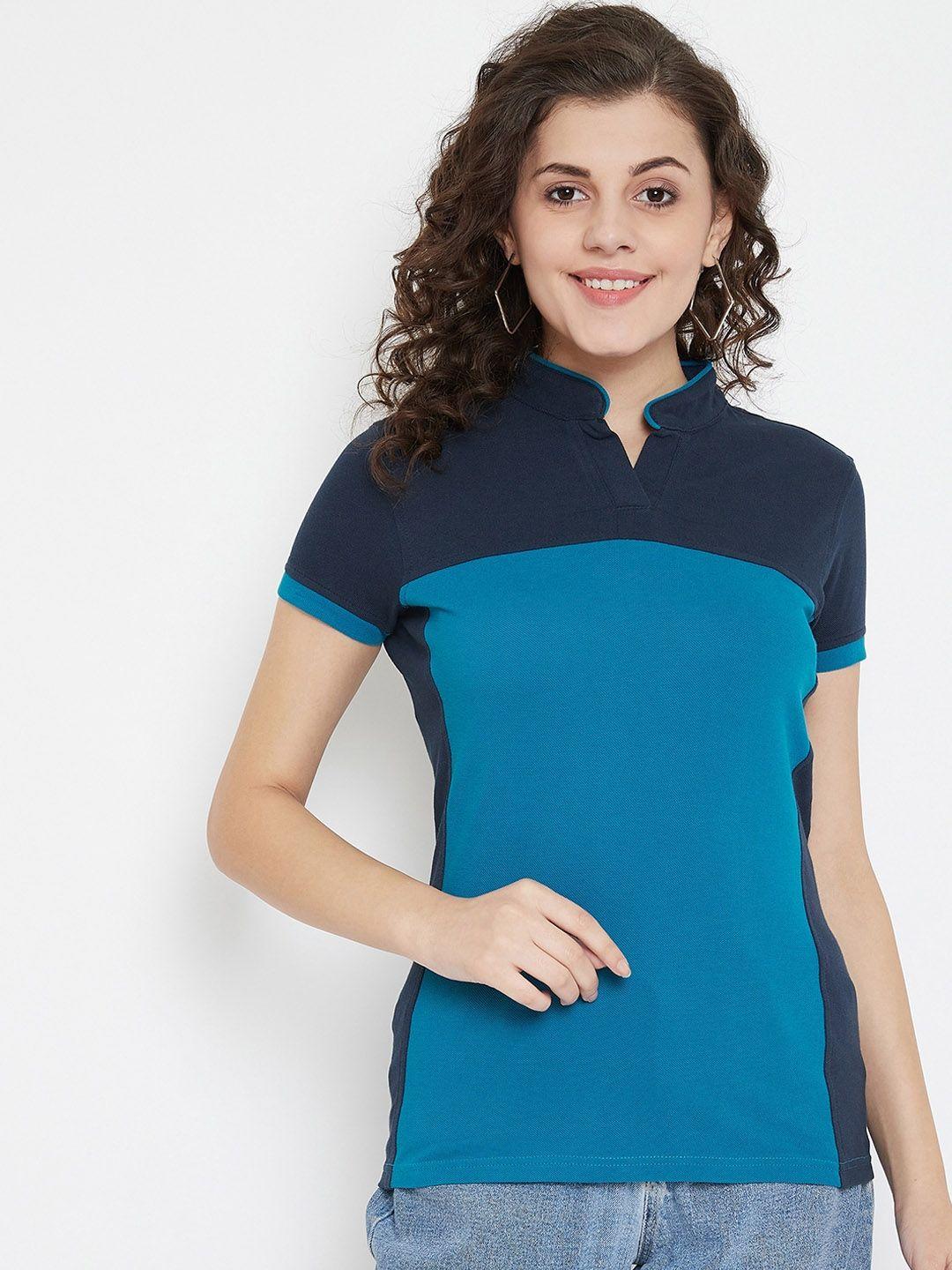 jump usa women blue colourblocked mandarin collar t-shirt