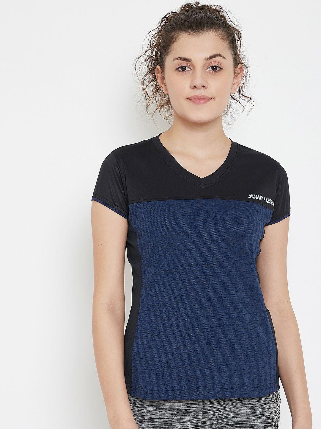 jump usa women blue colourblocked v-neck t-shirt
