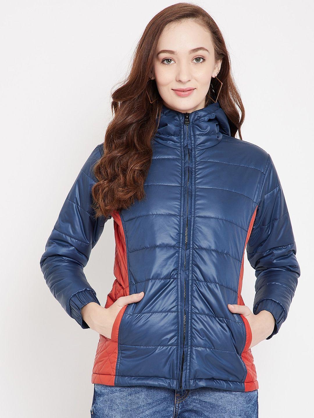 jump usa women blue colourblocked water resistant padded jacket