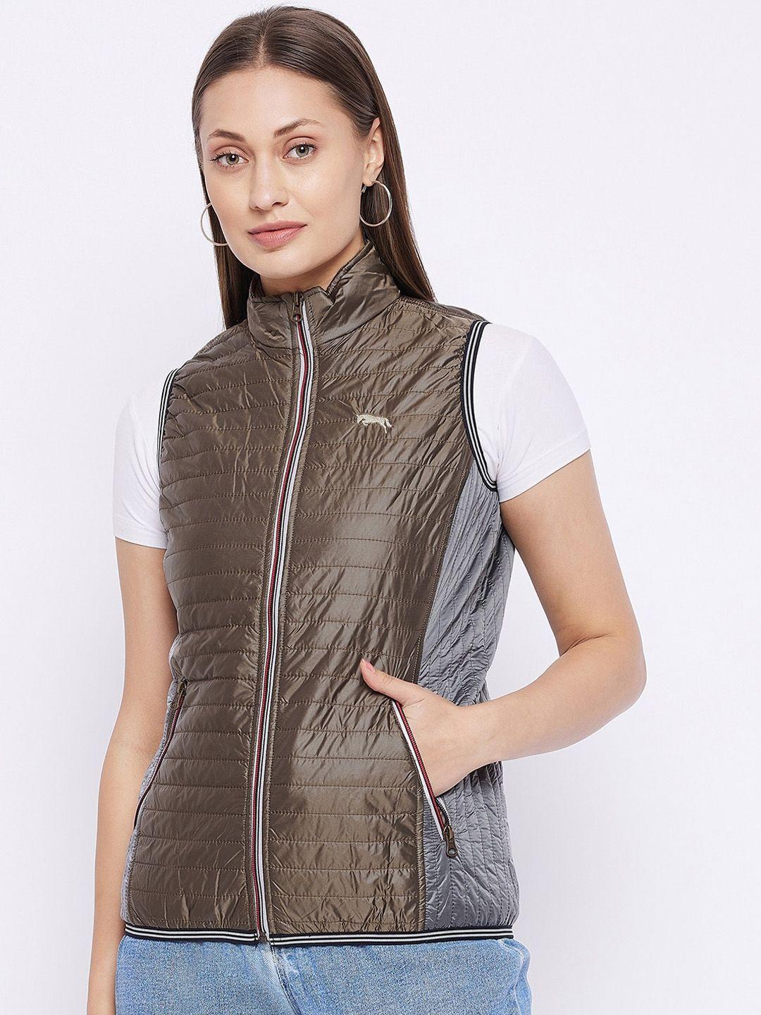 jump usa women copper-toned & grey colourblocked quilted jacket