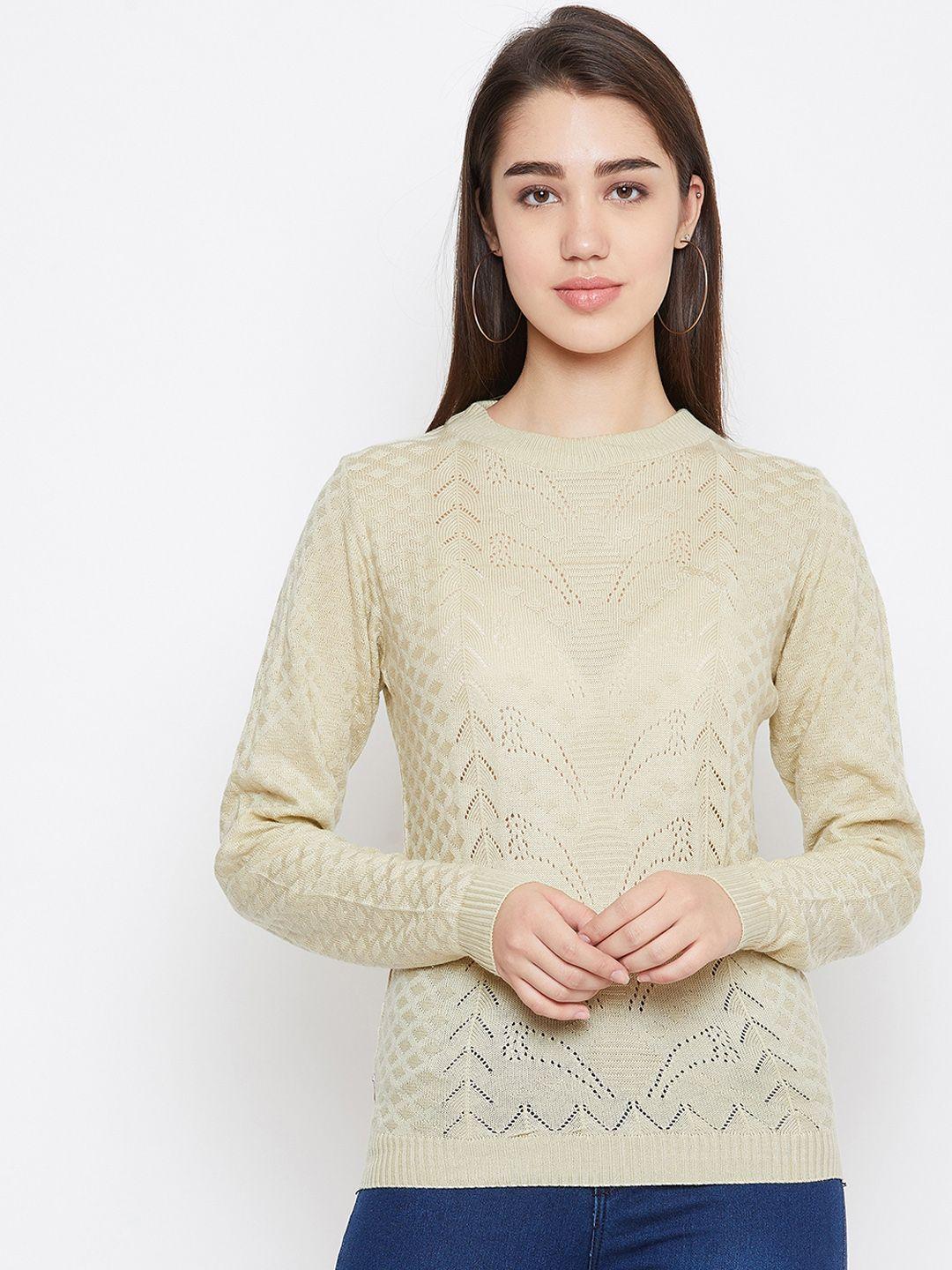 jump usa women cream-coloured self design acrylic pullover sweater