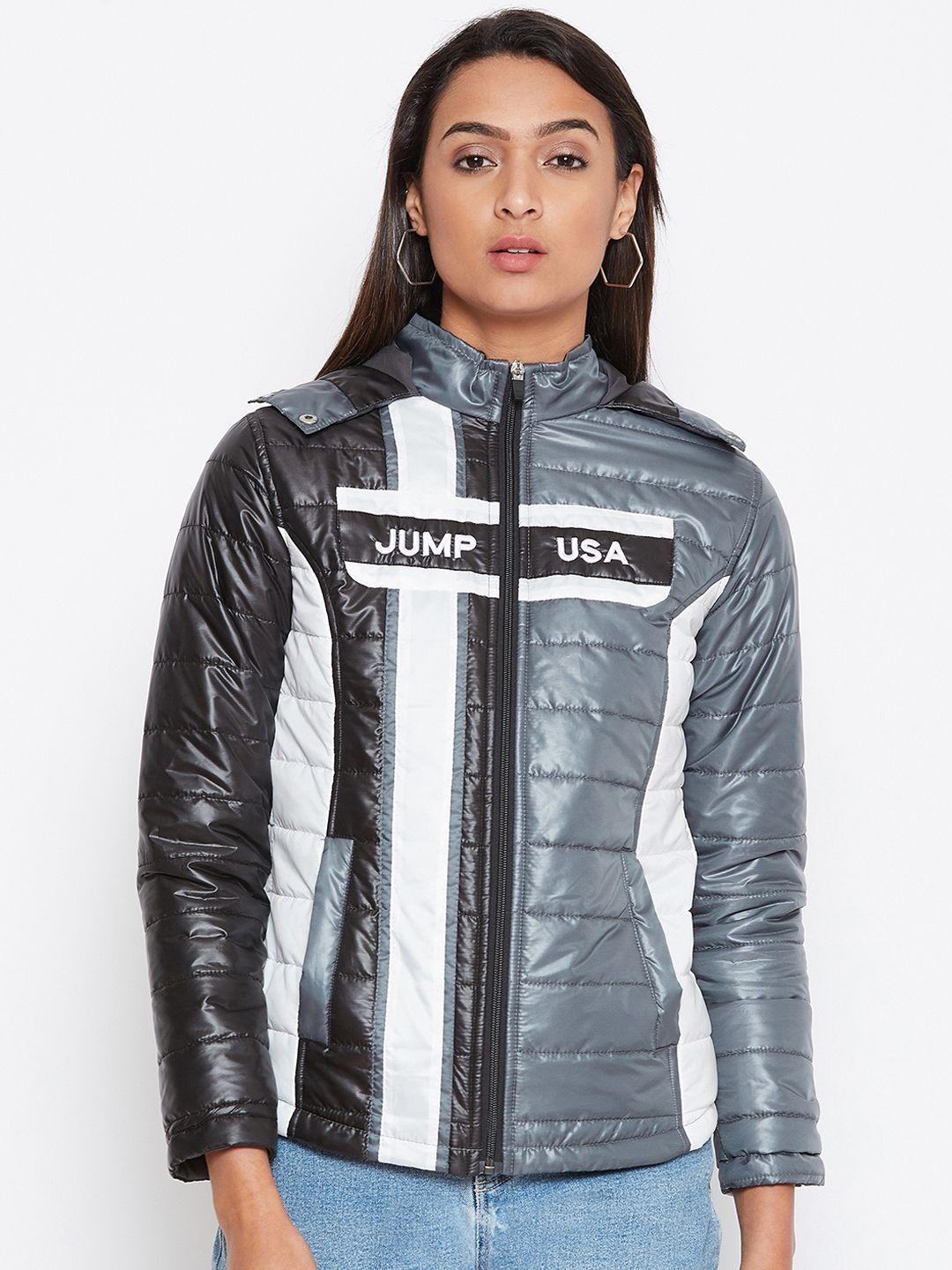 jump usa women grey & white colourblocked padded jacket