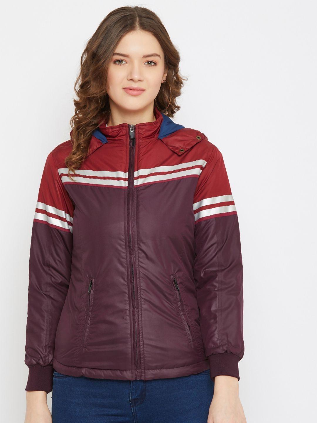 jump usa women maroon & burgundy colourblocked padded jacket