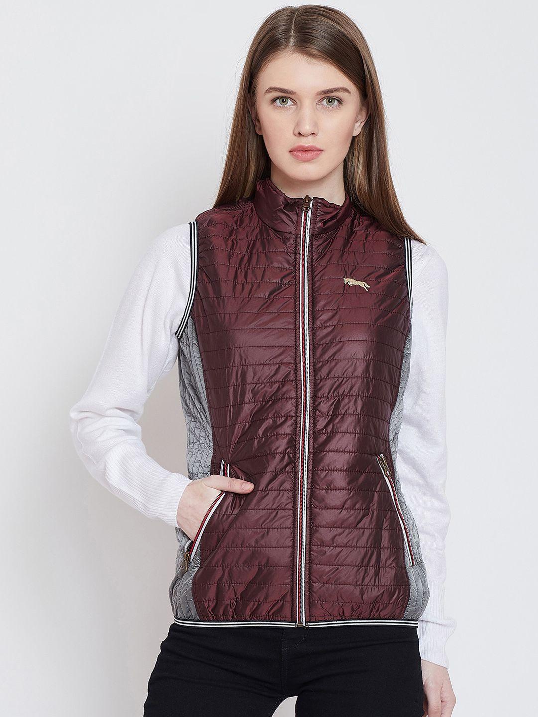 jump usa women maroon colourblocked padded jacket