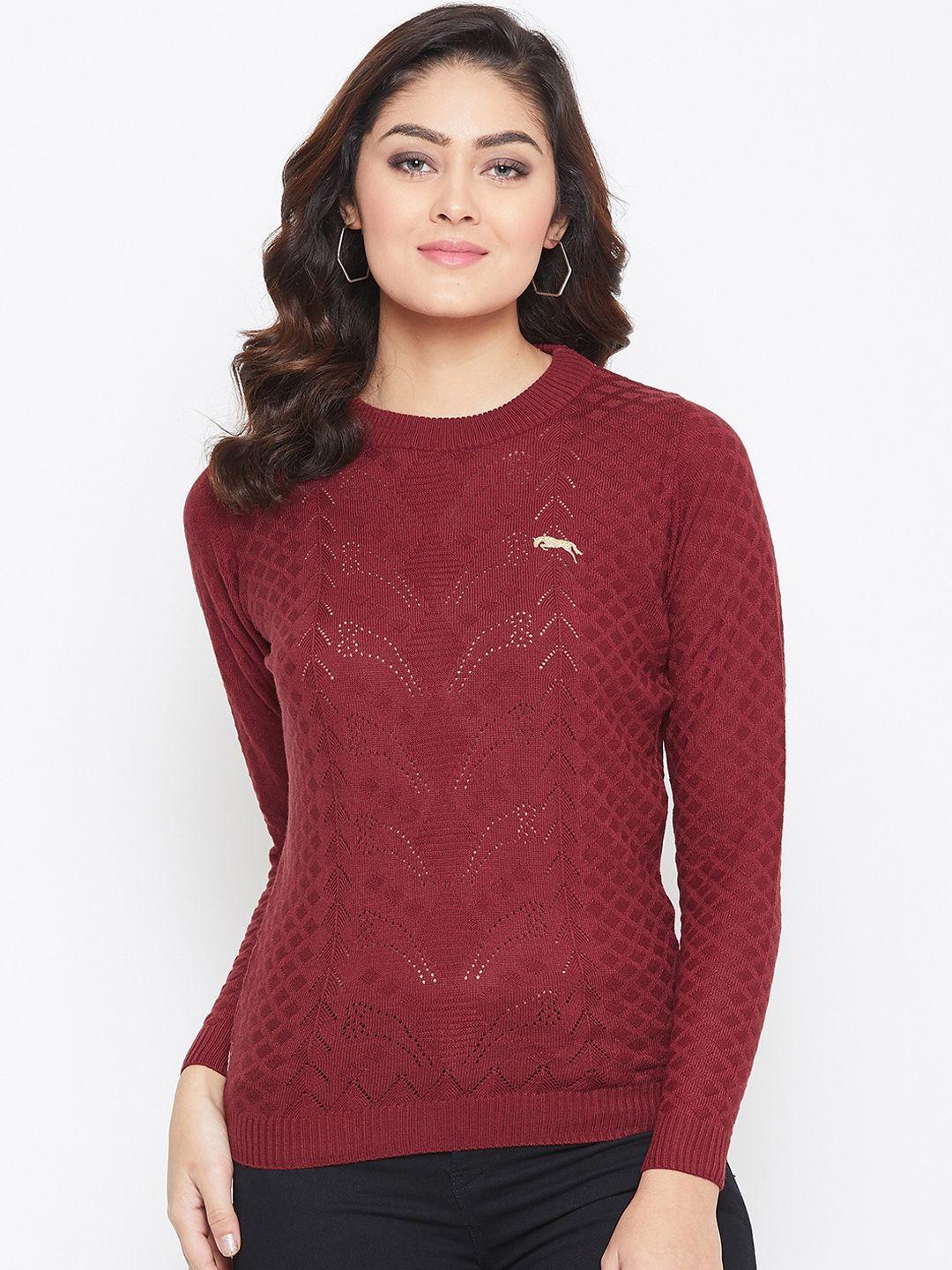 jump usa women maroon self design acrylic pullover sweater