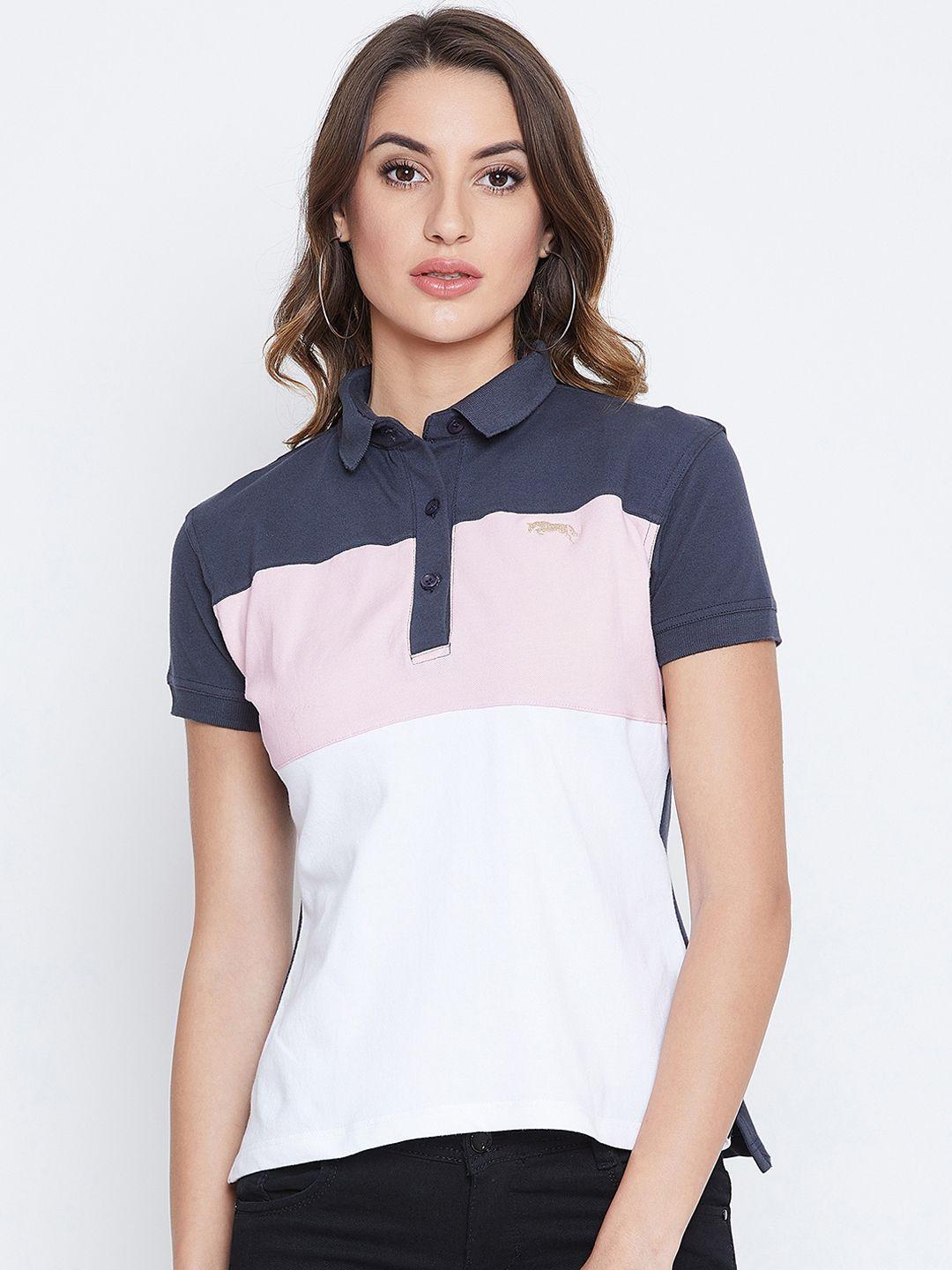 jump usa women navy blue colourblocked polo collar t-shirt