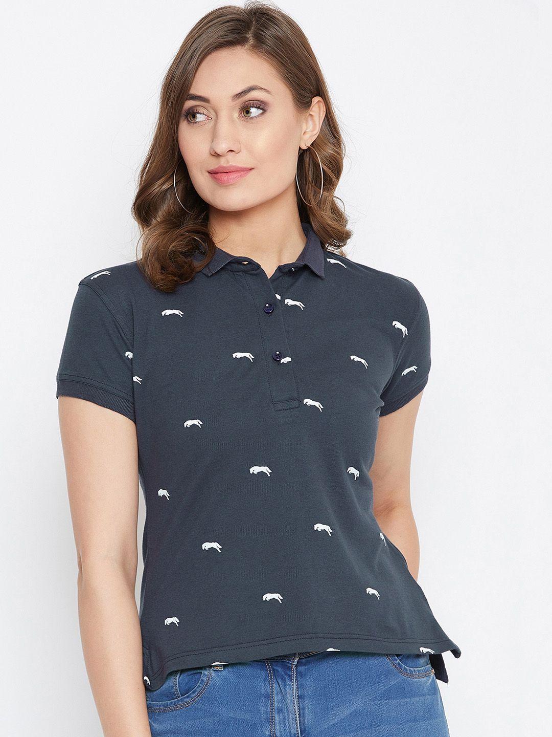 jump usa women navy blue printed polo collar t-shirt