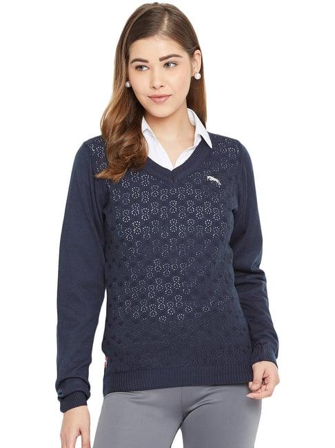 jump usa women navy blue self design sweater