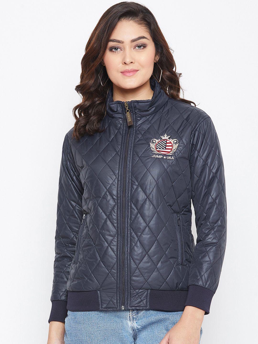 jump usa women navy blue solid padded jacket