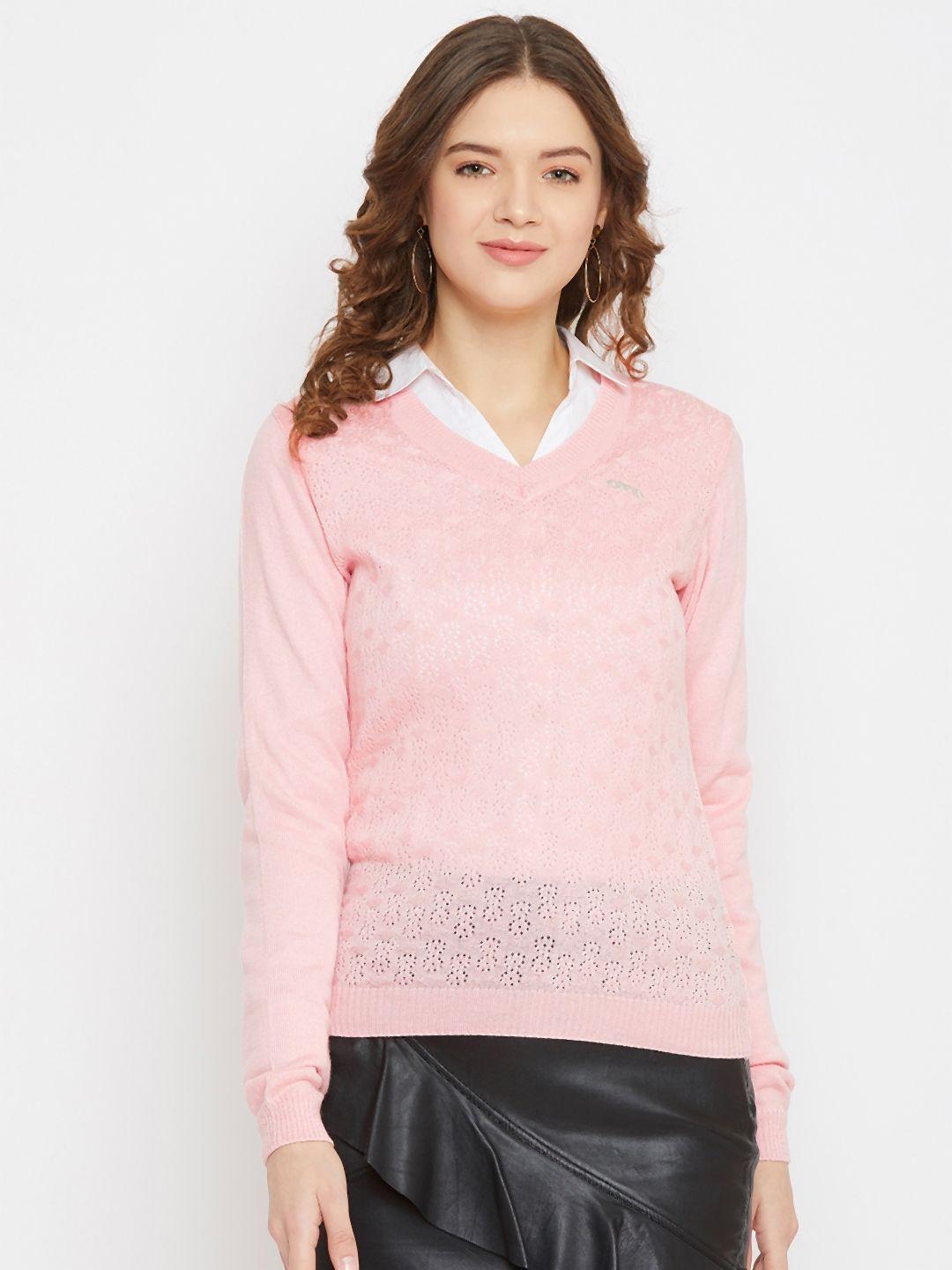 jump usa women pink self design pullover sweater