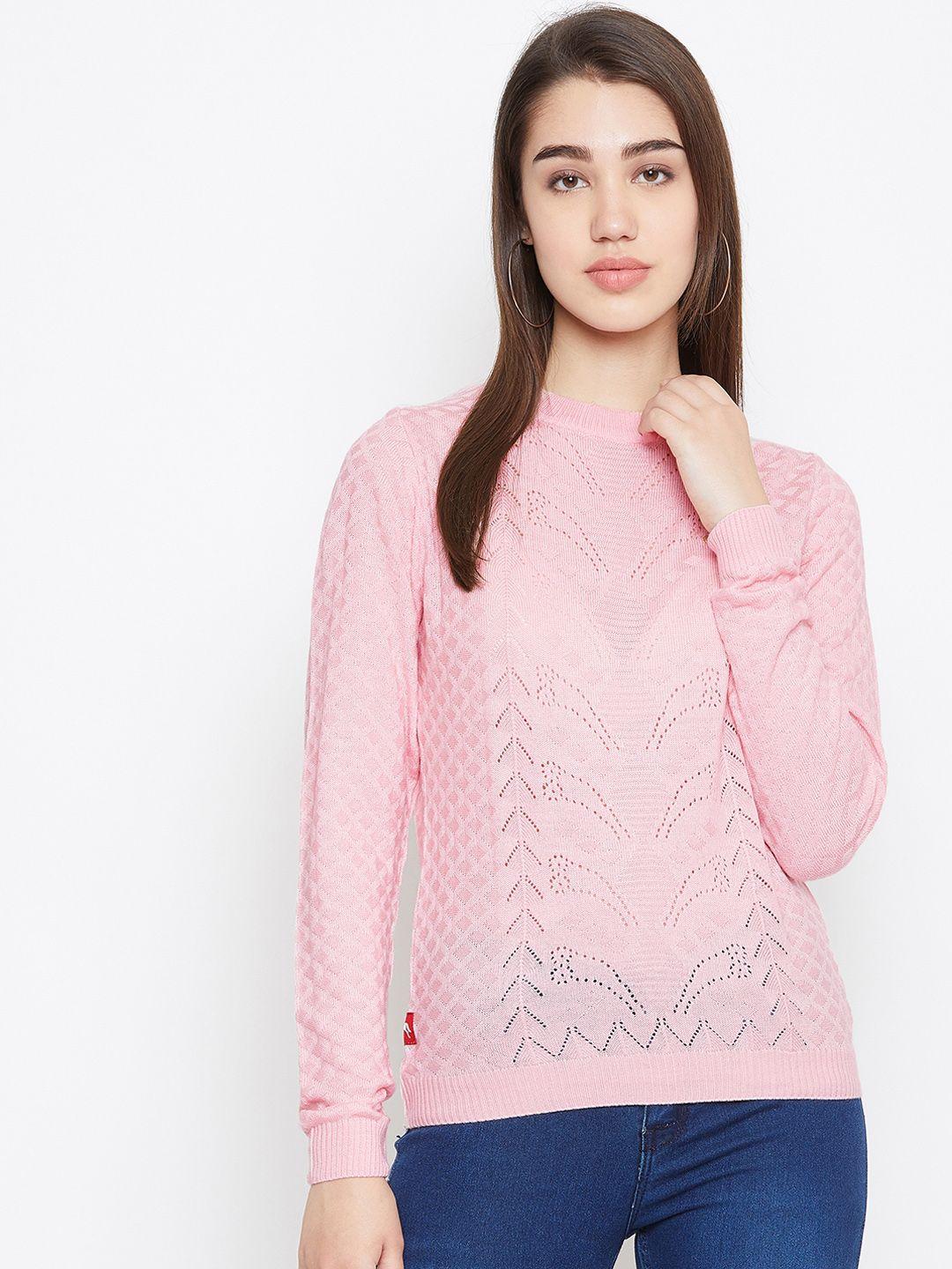 jump usa women pink self design pullover sweater