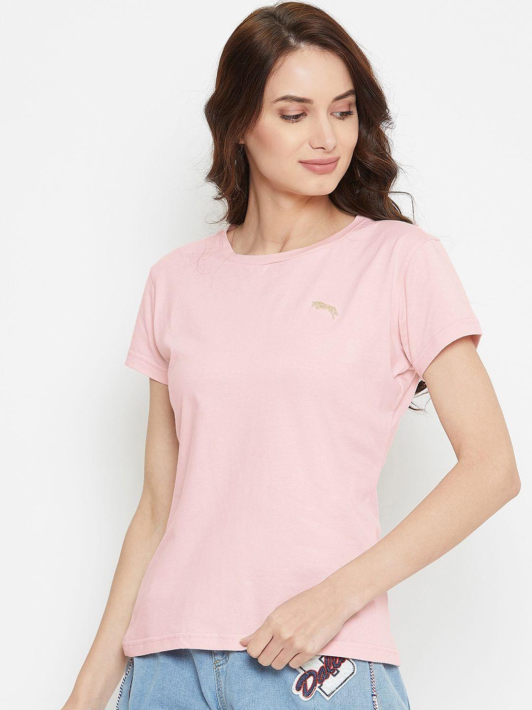 jump usa women pink solid round neck t-shirt