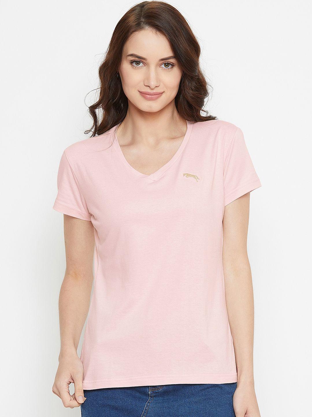 jump usa women pink solid v-neck t-shirt