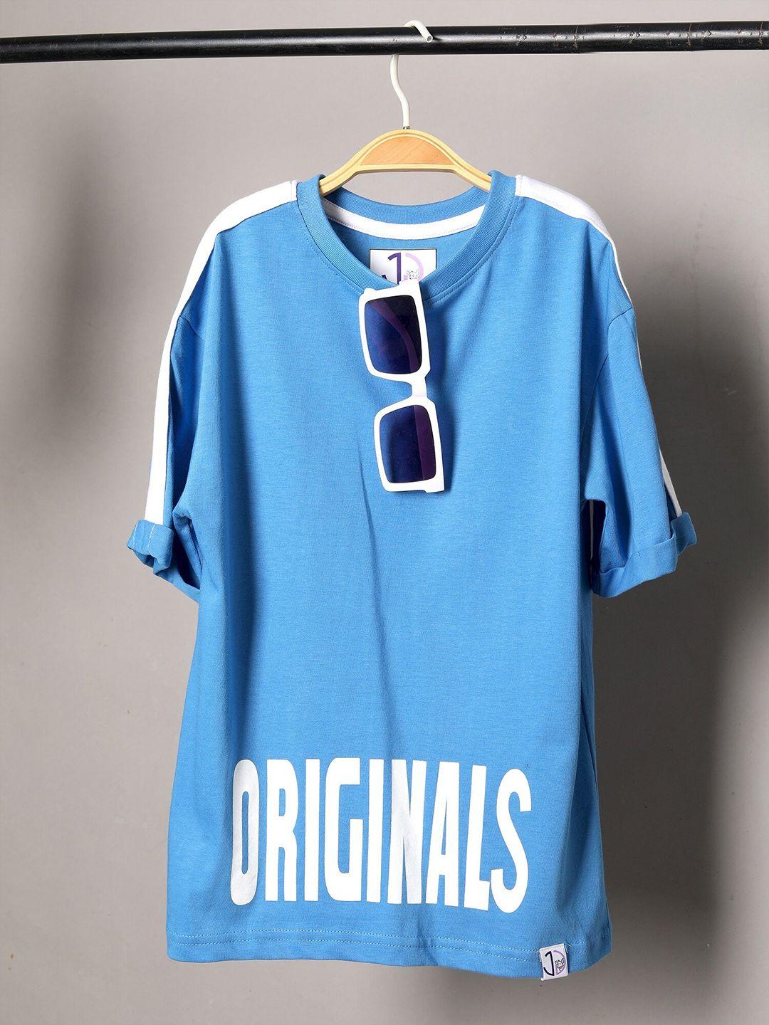 jumping joey boys blue typography printed drop-shoulder sleeves pure cotton t-shirt