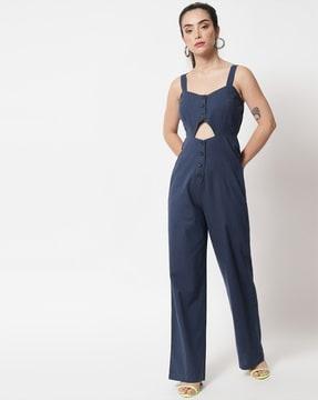 jumpsuit with front button closure