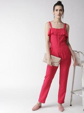 jumpsuit with mock buttons & overlay