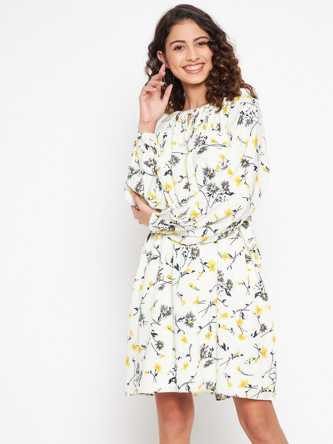 june & harry women cream-coloured floral crepe a-line dress