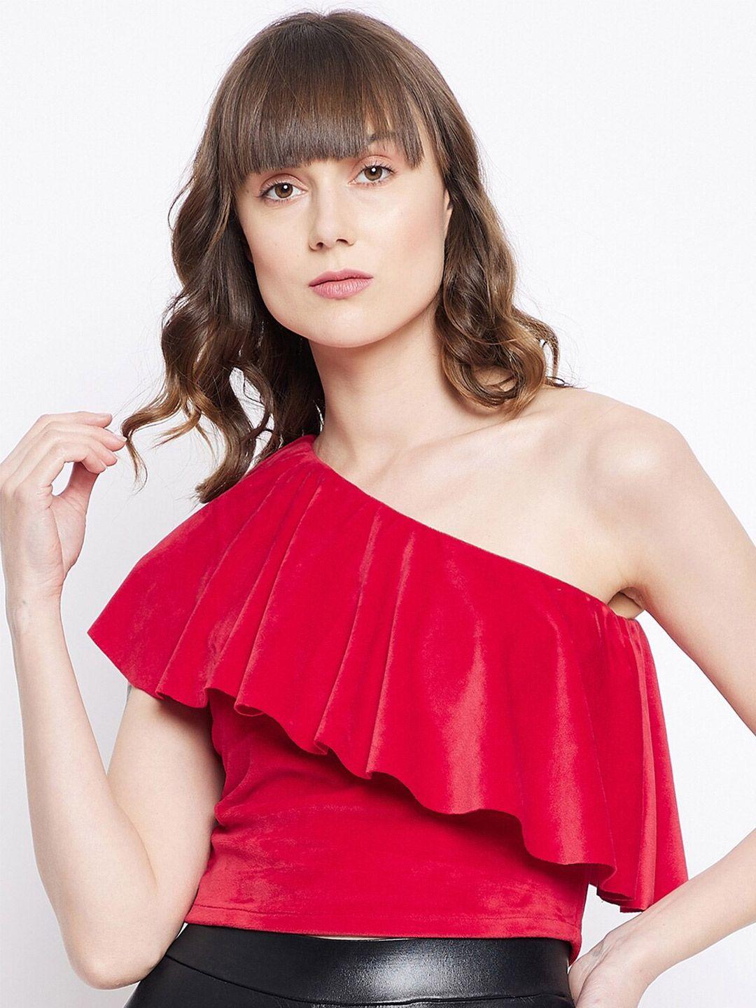 june & harry red one shoulder ruffles crop top