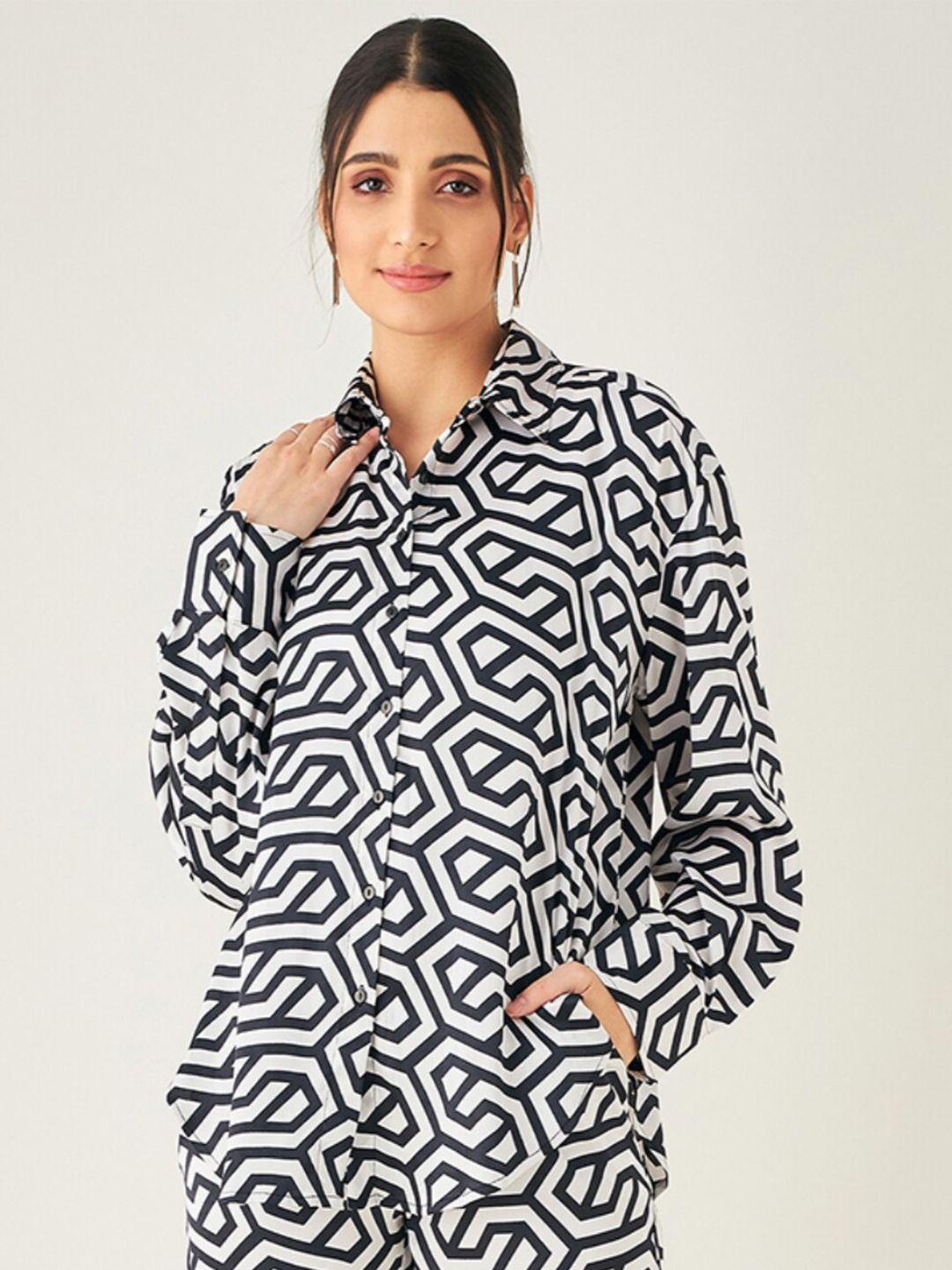 june & harry relaxed geometric printed satin casual shirt