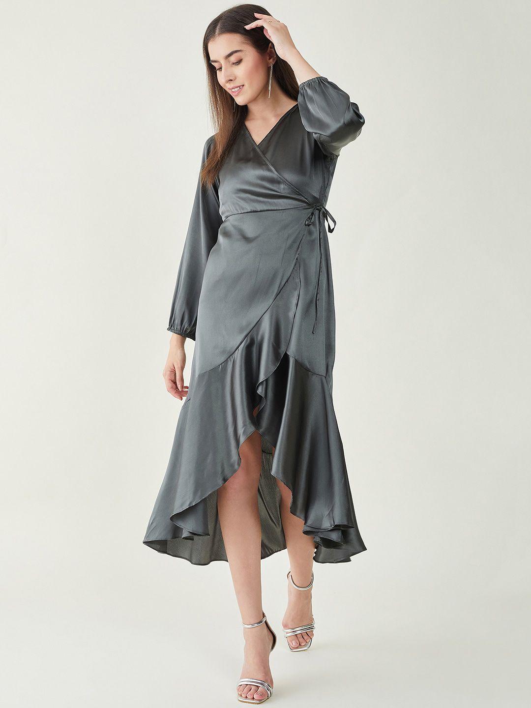 june & harry v-neck satin wrap midi dress