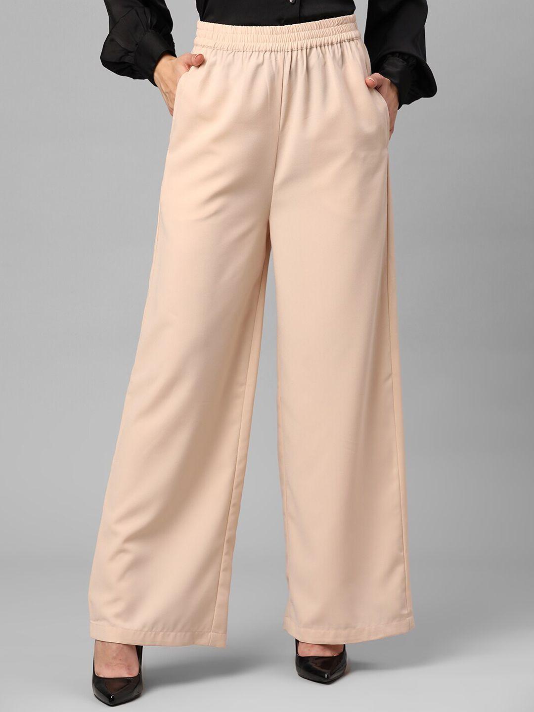 june & harry women beige relaxed straight leg straight fit high-rise trousers