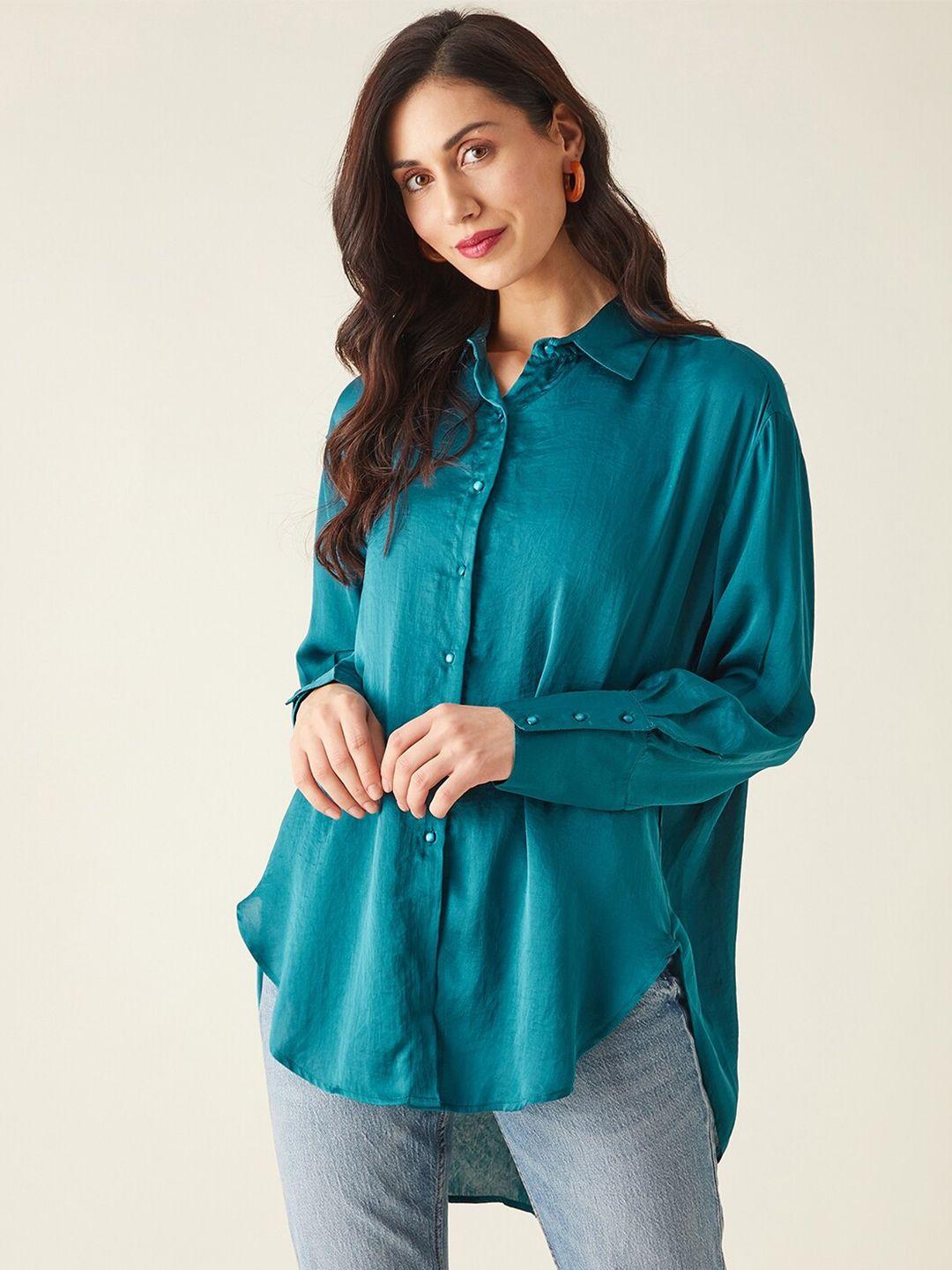 june & harry women solid satin tailored fit casual shirt